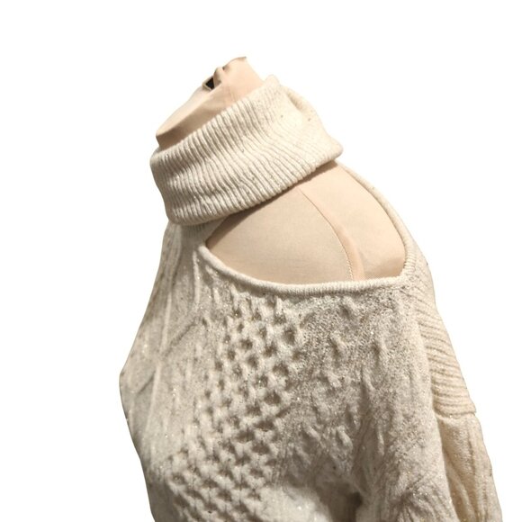 Sofia Jeans M Cream Cable Knit Cold Shoulder Turtleneck Sweater Metallic Sequins - Picture 2 of 16